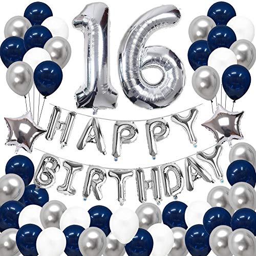 16th Birthday Decorations, Happy 16th Birthday Balloons Party Supplies for Girls Boys Happy Birthday Banner Blue and Silver Party Decorations (69PCS)