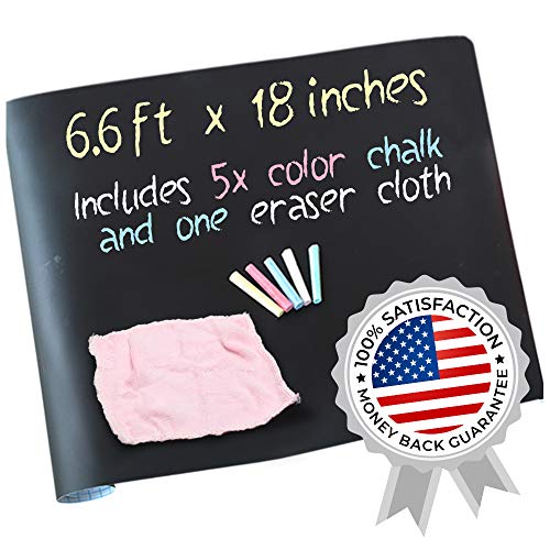 Self-Adhesive Blackboard Wall Sticker - 200x45cm | Blackboard Paper for Walls | Sticky Chalkboard Paper Foil | Includes 5 Pieces of Colour Chalk Free | Colour: Black