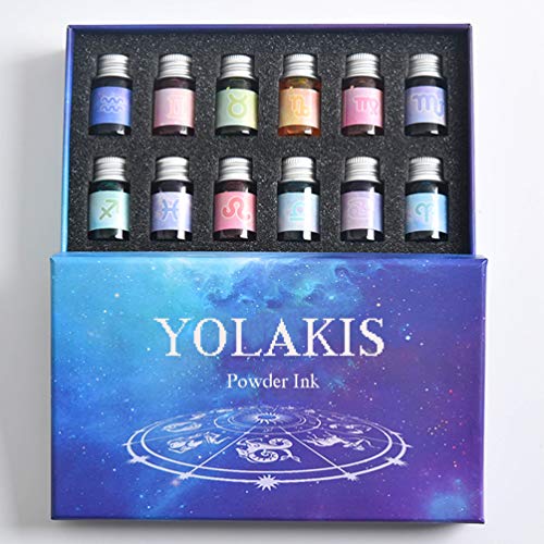 YOLAKIS Glass Dip Pen Ink, Crystal Vintage Handmade Dip Pen Ink Set Signature Writing Drawing Pen Ink Office Student Business Gift Pen Ink (12 Color Ink)