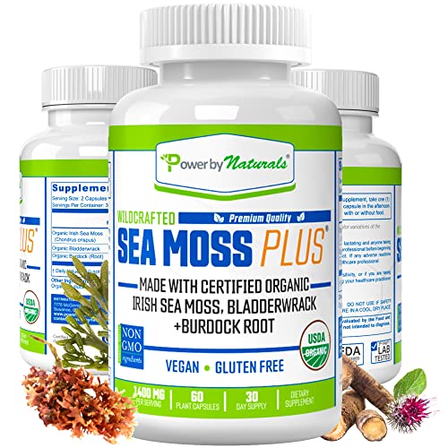 Power By Naturals Sea Moss Plus - Certified Organic Wildcrafted Irish Seamoss, Bladderwrack & Burdock Root - Supplement for Gut Health, Energy & Immunity - Vegan & Gluten-Free, 60 Capsules (Pack of 1)