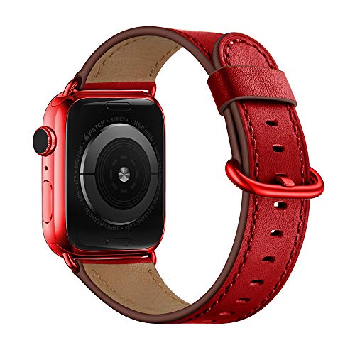 Book Cover OUHENG Compatible with Apple Watch Band 38mm 40mm, Women Genuine Leather Band Replacement Strap Compatible with iWatch Series 6 5 4 3 2 1 SE 40mm 38mm, Red/Red