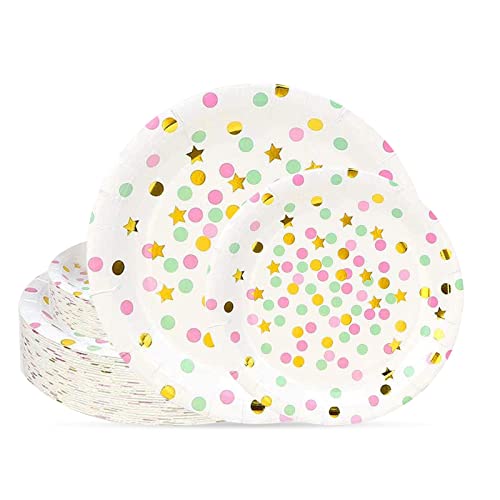 Pink and Gold Dot Party Supplies - 100PCS Disposable Pink Paper Plates Dinnerware Confetti Dots Gold Star 50 Dinner Plates 50 Dessert Plates Wedding Birthday Party Baby Shower…