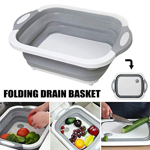 Barabum Multi-function Folding Cutting Board Dish Tub Vegetable Sink 3 in 1 Portable Drain Basket Kitchen Cutting Board Tool for Cutting Vegetables and Fruits Outdoor Travel Camping (Gray)