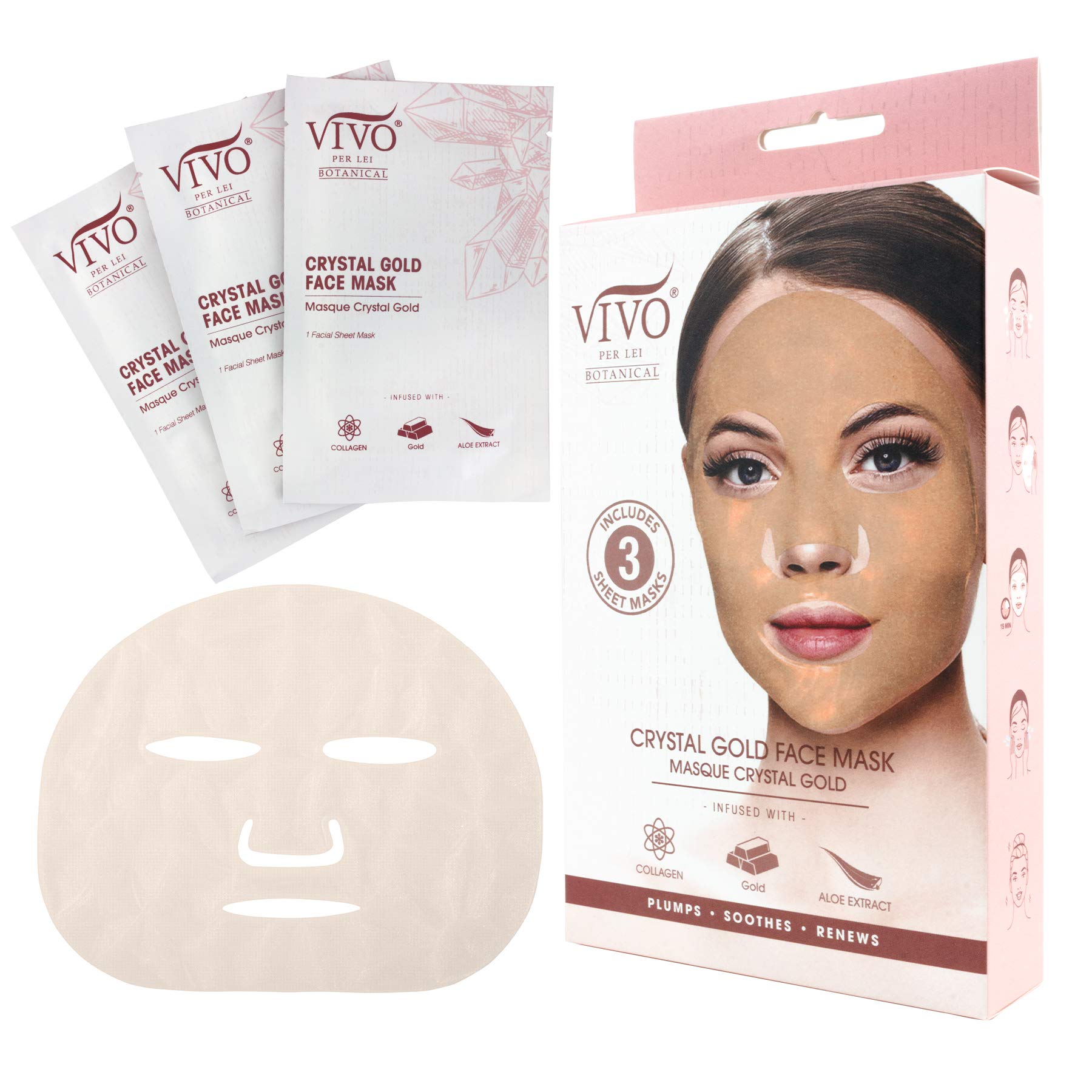 Crystal Collagen Gold Sheet Mask - Sheet Face Mask with Hyaluronic Acid, Aloe Vera, Collagen and Gold - Pack of 9 Face Sheet Masks