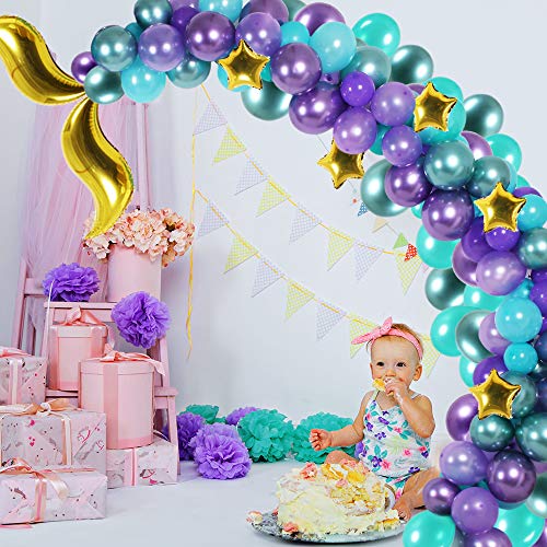 Mermaid Birthday Party Supplies 118Pcs Mermaid Tail Balloon Garland, Purple & Green & Gold Star Balloons Arch Tool Set for Mermaid Happy Birthday, Baby Shower party Favor Set