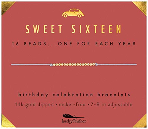 Lucky Feather Sweet 16 Gifts for Girls; 16th Birthday Bracelet Gift Idea for 16 Year Old Girls with 14K Gold Dipped Beads on Adjustable Cord