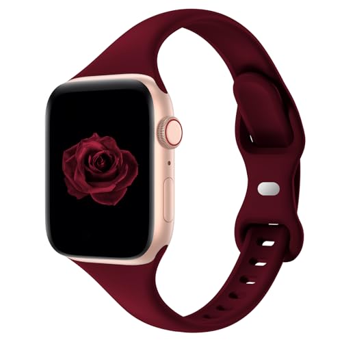 Thin Slim Band Compatible with Apple Watch 38mm 40mm 41mm 42mm 44mm 45mm 46mm 49mm, Replacement Silicone Sport Strap for iWatch Series 11/10/9/8/7/6/5/4/3/2/1 Ultra SE Women Men, Wine Red
