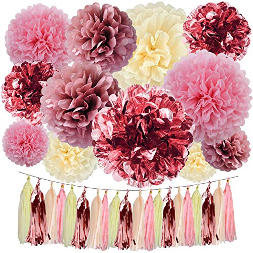 Cuterui Gifted Rose Gold Party Decorations-32 pcs Rose Gold Tissue Paper Pom Poms and Tassels for Birthday Party Wedding Baby Shower Bridal Shower Bachelorette Decorations