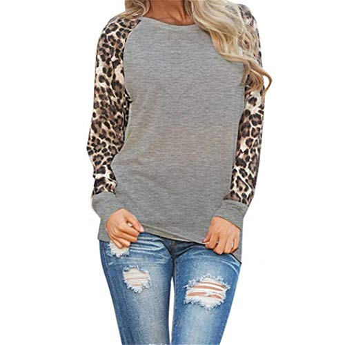 Fenido Women Casual O-Neck Leopard Patchwork T-Shirt Knits & Tees Gray