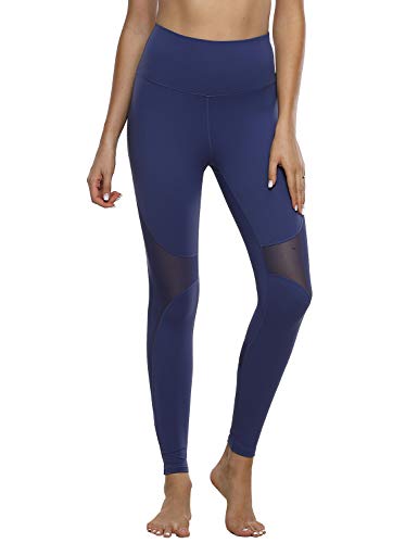 Hopgo Women's High Waist Yoga Pants Tummy Control Mesh Gym Leggings Workout Running 4 Way Stretch Yoga Leggings Twilight Blue US M