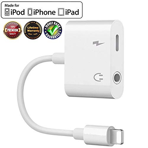 Headphone Adapter for iPhone Adapter Aux Audio to 3.5mm 2 in 1 Jack Cables Dongle for iPhone 7 Earphone Splitter Adapter for iPhone Xs/XR/X/8 Plus Music and Charging Compatible Support All iOS-White