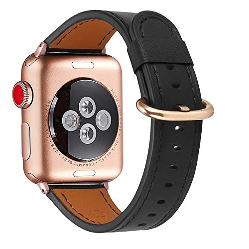 Compatible with iWatch Band 38mm 40mm 42mm 44mm, Top Grain Leather Band Replacement Strap for iWatch Series 4,Series 3,Series 2,Series 1,Edition (Black+Rose Gold Buckle, 38mm40mm)