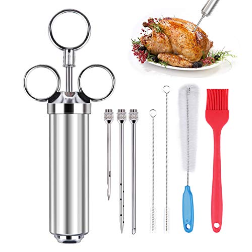 Meat Injector Syringe, Stainless Steel Seasoning Injector kit with 3 Injector Needles and Cleaning Brush for BBQ Grill Smoker, 2 oz Large Capacity