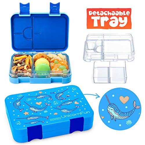 UnicornFun Bento box 6 Compartment Bento-Style Kids Childrens Lunch Box BPA-Free Food-Safe Materials Storage Bags Freezer Safe, Lunch Solution Offers, Leak-Proof for Lunch, Snacks Fruit(Light Blue)
