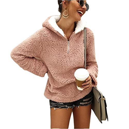 FANALA Women Winter Plush Hooded Sweatshirt Pullover Casual Hoodie Fashion Hoodies Light Pink