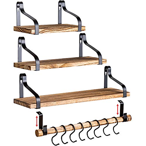 Clarke`s Decor, Floating Shelves Set of 3, Wall Shelves, Hanging Shelves. Rustic Wood Shelves for Bedroom, Kitchen, Living Room. Shelf with Hooks. Wall Mounted Bathroom Shelves. Small Trophy Shelves