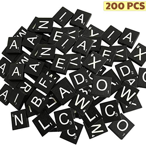 200PCS Scrabble Letters for Crafts - FUHAIEEC Black Wood Scrabble Tiles-DIY Wood Gift Decoration - Making Alphabet Coasters and Scrabble Crossword Game