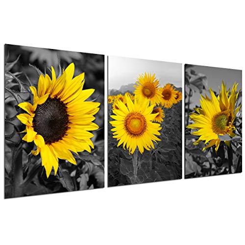 Sunflower Decor Wall Art Prints - Black and White Yellow Canvas Painting Flower Daisy Floral Pictures 3 Panels Unframed Bedroom Living Room Bathroom Kitchen Decoration Home Office Modern Artwork