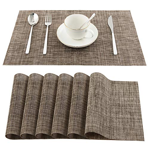 Vivi&Stitch Wipeable Placemats, 6 Pack Table Placemats, Easy to Clean Heat-Resistant Stain Resistant Anti-Skid Woven Vinyl PVC Table Mats for Kitchen Dining Table (Brown)