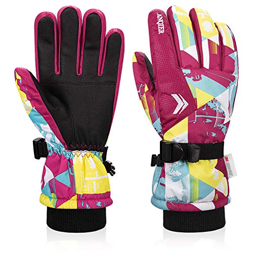 Lapulas Kids Winter Ski Gloves Snowboard Gloves Girls Cold Weather Gloves Waterproof Warm Snow Gloves With Wrist Band for Boys Girls (Rose red, Age 5-7 years old)