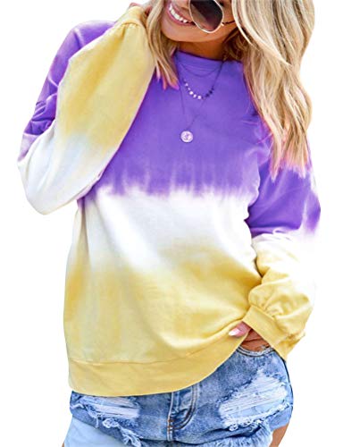 STYLEIE Women Gradient Crew Neck Pullover Plus Size Top Long Sleeve Colorblock Blouse Tie Dye Sweatshirts