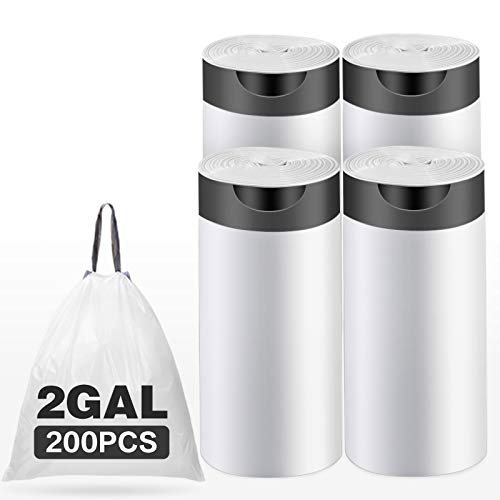 Book Cover 2 Gallon Drawstring Trash Bags,Small Kitchen Garbage Bags Strong Small Trash Bag for Kitchen Bathroom Bedroom Office,,200 Counts White