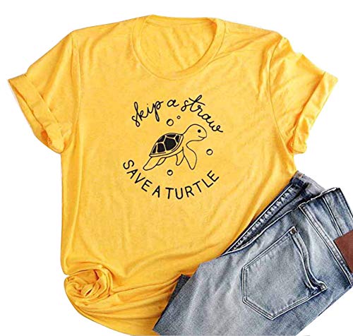 Woxlica Skip A Straw Save A Turtle Shirt Womens Graphic Tee Short Sleeve