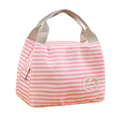 KANGMOON Reusable Lunch Bags for women Insulated Cold Canvas Stripe Picnic Carry Case Thermal Portable Lunch Bag (Pink)