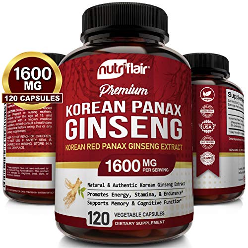 NutriFlair Korean Red Panax Ginseng 1600mg - 120 Vegan Capsules - High Potency Ginseng Root 5% Ginsenosides Extract Powder Supplement - Energy, Focus, Vigor, Performance Pills for Women & Men, Non-GMO