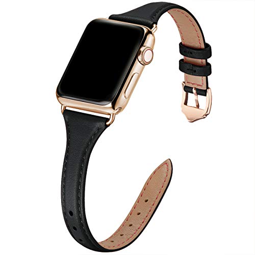 WFEAGL Leather Bands Compatible with Apple Watch 38mm 40mm 42mm 44mm, Top Grain Leather Band Slim & Thin Replacement Wristband for iWatch SE & Series 6/5/4/3/2/1 (Black/Gold, 38mm 40mm )