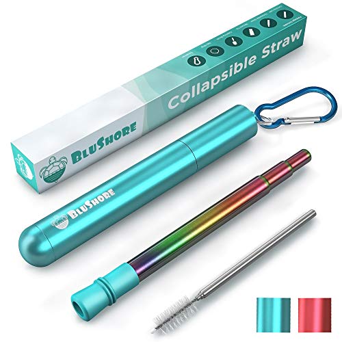 Telescopic Reusable Straws with Case Keychain & Cleaning Brush - Rainbow 9.3" Collapsible Straw for Juice & Smoothie - Collapsible Metal Straw with Case - Travel Straw - Christmas Stocking Stuffers
