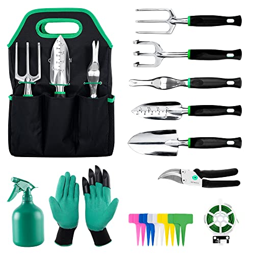 Book Cover Gardening Tool Set 20 Pcs, GIGALUMI Aluminum Garden Hand Tools Set Heavy Duty with Garden Gloves, Trowel and Organizer Tote Bag, Planting Tools, Plant Tags, Gardening Gifts for Women Men