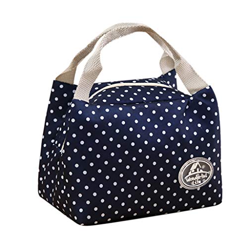 Book Cover KANGMOON Reusable Lunch Bags for women Insulated Cold Canvas Stripe Picnic Carry Case Thermal Portable Lunch Bag (Navy)