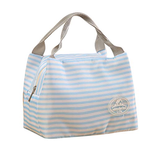 KANGMOON Reusable Lunch Bags for women Insulated Cold Canvas Stripe Picnic Carry Case Thermal Portable Lunch Bag (Blue)