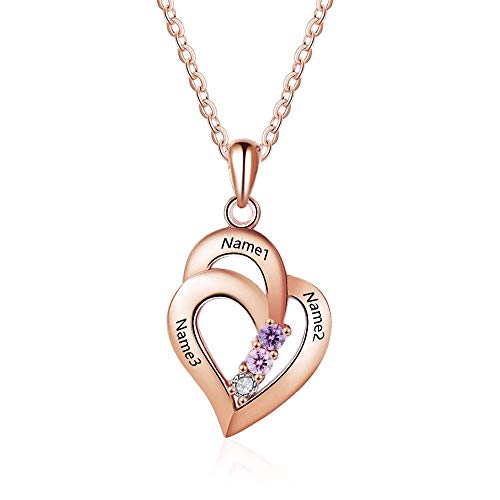 Personalized 925 Sterling Silver Mothers Necklace with 3 Simulated Birthstones Mothers Heart Name Necklace for 3 Meaningful Custom Necklace for Mothers Day (Rose Gold)