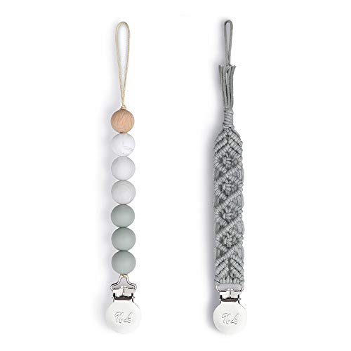 Pacifier Clips BPA Free Silicone Beaded Binky Holder and Cotton Rope/Natural Holder for Boy and Girl Teething Holder Infant Baby Teether Beadsï¼ˆ2 Pack, Greyï¼‰