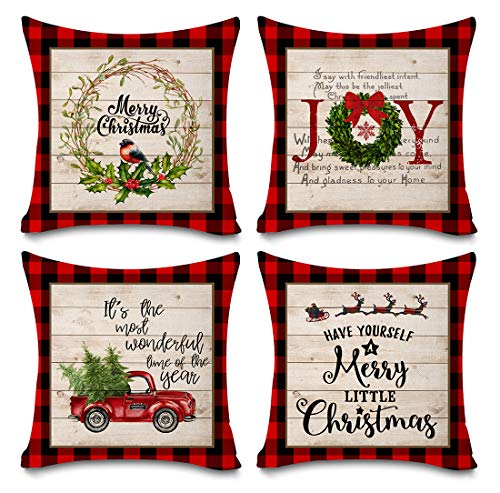 Book Cover Faromily Christmas Buffalo Plaid Pillow Covers Set of 4 Decorative Christmas Red Black Plaid Truck Throw Pillow Covers 18 x 18 Inch Christmas Decoration Farmhouse Winter Holiday Cushion Covers