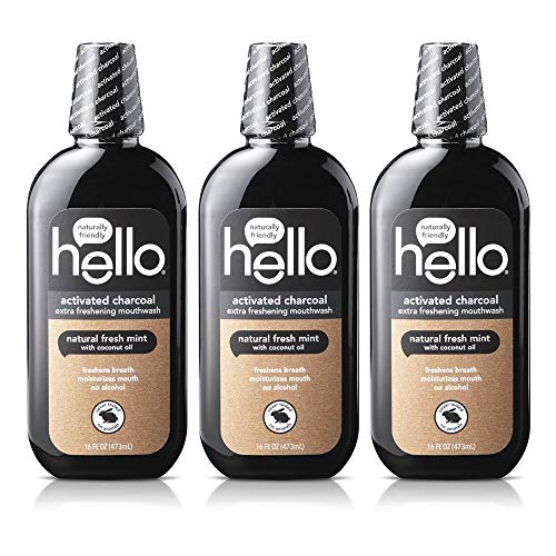 Hello Oral Care Activated Charcoal Extra Freshening Fluoride Free and Alcohol Free Mouthwash with Natural Fresh Mint and Coconut Oil, 3 Count