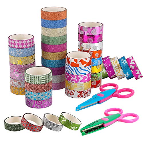 New Glitter Tape Set of 50 Rolls 2 Craft Scissors- Decorative Washi Tape Perfect for DIY Crafts Book Designs Scrapbook