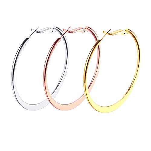 Holfeun 3 Pairs Big Flattened Hoop Earrings for Women, Hypoallergenic Stainless Steel Lightweghit Hoops in 14K Gold Plated/Rose Gold Plated/Silver for Women (40mm (1.57"))