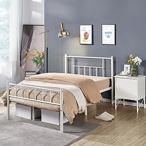 Yaheetech 13 inch Twin Size Metal Bed Frame with Headboard and Footboard Platform Bed Frame with Storage No Box Spring Needed Mattress Foundation for Girl Boy White
