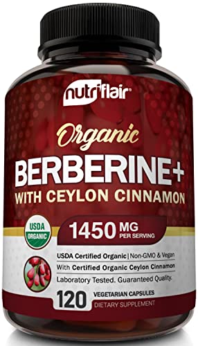 NutriFlair USDA Certified Organic Berberine with Ceylon Cinnamon 1450mg, 120 Capsules - Berberine HCI for Glucose Metabolism, Immune Support, Weight Management Pills - Berberine HCL Root Supplements