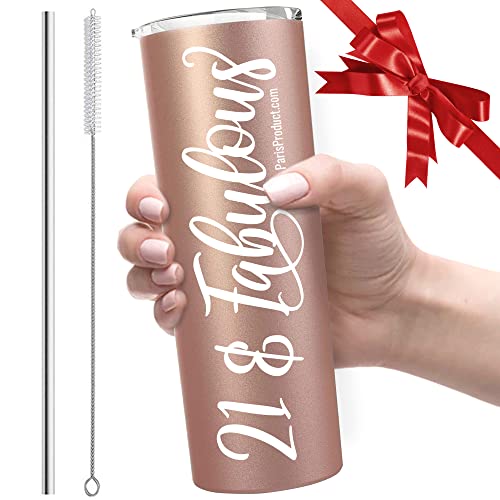 PARIS PRODUCTS CO. 21 & Fabulous Stainless Steel Wine Tumbler w Lid + Straw, Happy 21st Birthday Gifts For Her, 21st Birthday Gifts Women, 21st Birthday Decorations For Her, 21st Birthday Cup