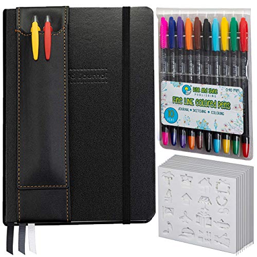 Hardcover Bullet Notebook Set - 260 Dotted Grid Notebook Pages with 10 Bullet Notebook Pens, 12 Stencil Sheets, and 3 Bookmarks by Rise and Shine, 5.5"x8"