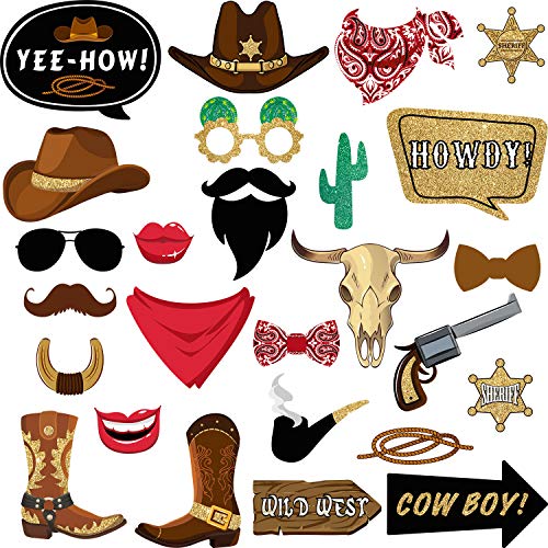 Book Cover 26 Pieces West Cowboy Photo Booth Props Kit, Western Party Decorations Selfie Props for Western Cowboy Theme Party Favors Supplies