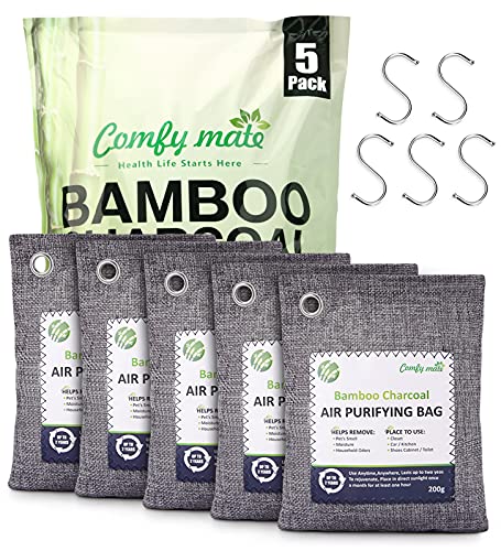 5 Value Packs Bamboo Charcoal Air PurifyingÂ BagÂ with 5 Hooks, Activated Natural Air Freshener Deodorizer, Odor Absorber Eliminator Remover for Home, Car, Pet, Closet, Shoe Cabinet, Bathroom (5x200g)