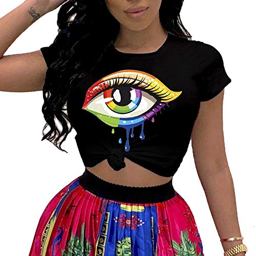 PESION Womens Graphic Tees Short Sleeve Cotton Eye Print Neon Shirt