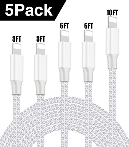 Book Cover Cinkenyo iPhone Charger, MFi Certified Cable, 5Pack (3/3/6/6/10FT) to Syncing Data and Nylon Braided Cord Charger Compatible with iPhone/XS/XR/X/8/8Plus/7/7Plus/6S/6Plus/iPad More(Silver&White)