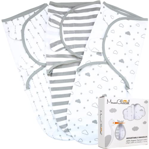 Baby Swaddle Blanket, Swaddle Wrap for Infant (0-3 Month), Adjustable Newborn Swaddle Set, 3 Pack Soft Organic Cotton, Grey