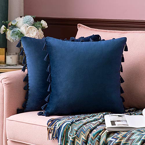 Book Cover MIULEE Pack of 2 Velvet Soft Solid Decorative Throw Pillow Cover with Tassels Fringe Boho Accent Cushion Case for Couch Sofa Bed 18 x 18 Inch Navy Blue